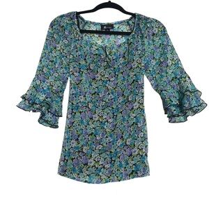 AB Studio Y2K Fairy Blue Floral Sheer Ruffle Sleeve Cami & Top Size S Petite